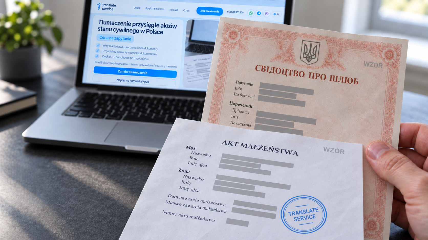 Переклад свідоцтв ДРАЦС поруч із ноутбуком Translate Service