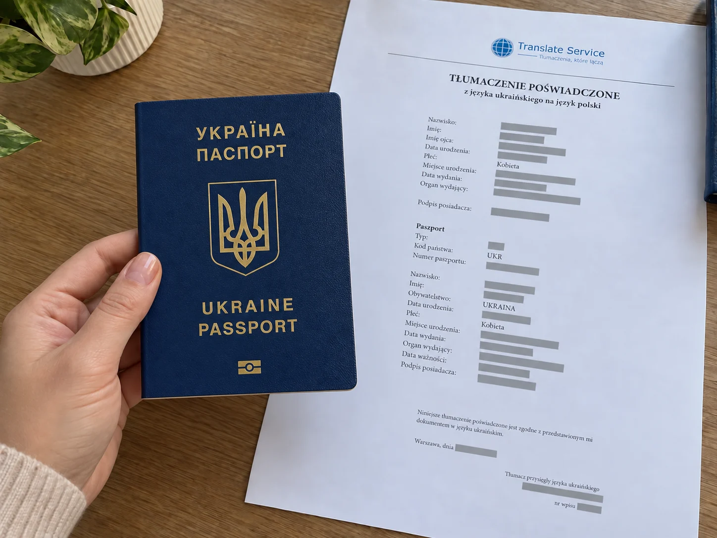 Закрытый украинский паспорт рядом с обезличенным переводом на польский