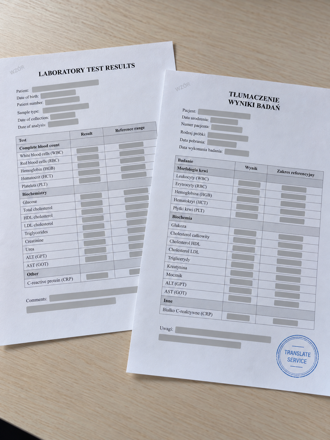 English-language test results and Polish translation — Translate Service
