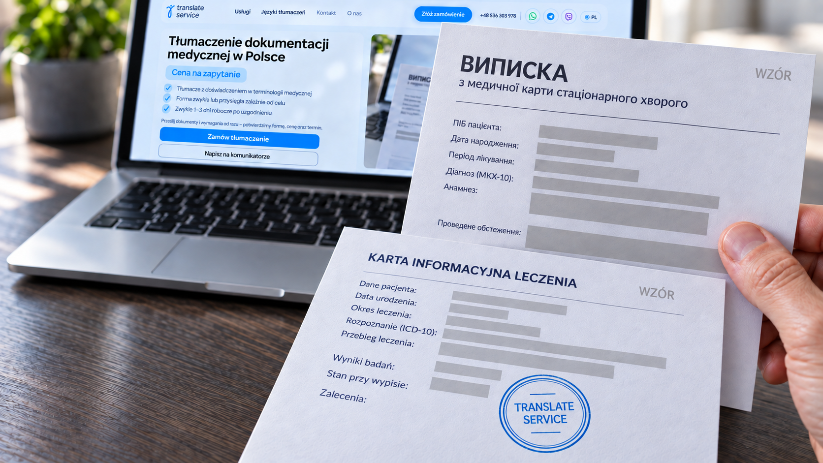 Medical document translation beside a Translate Service laptop