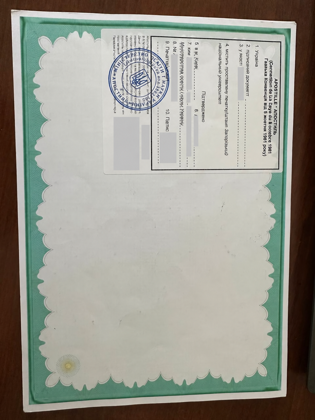 Redacted apostille on a Ukrainian education document
